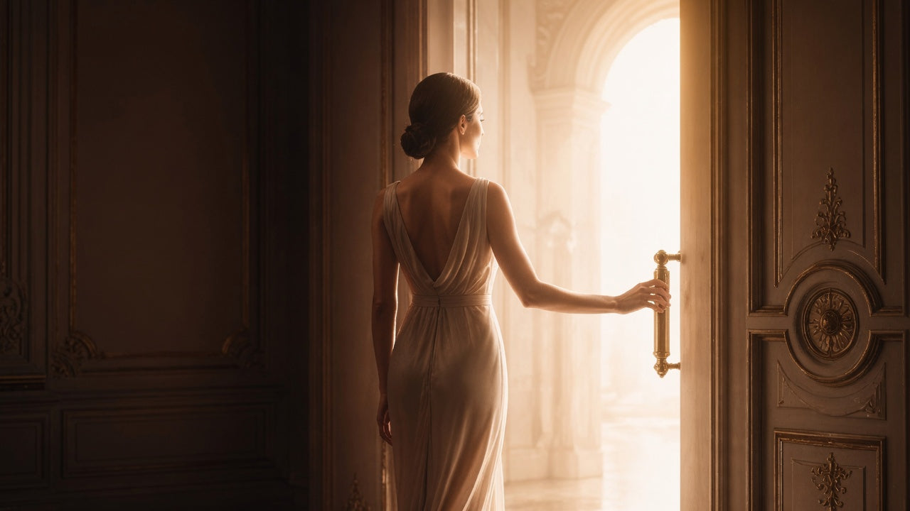 Sofiya Ralls - Elegant woman standing in a sunlit doorway